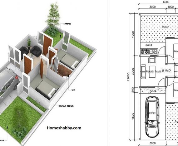 1. Denah rumah desain minimalis ukuran 6 x 12 M
