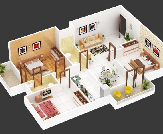 2. Desain minimalis dengan kamar tiga