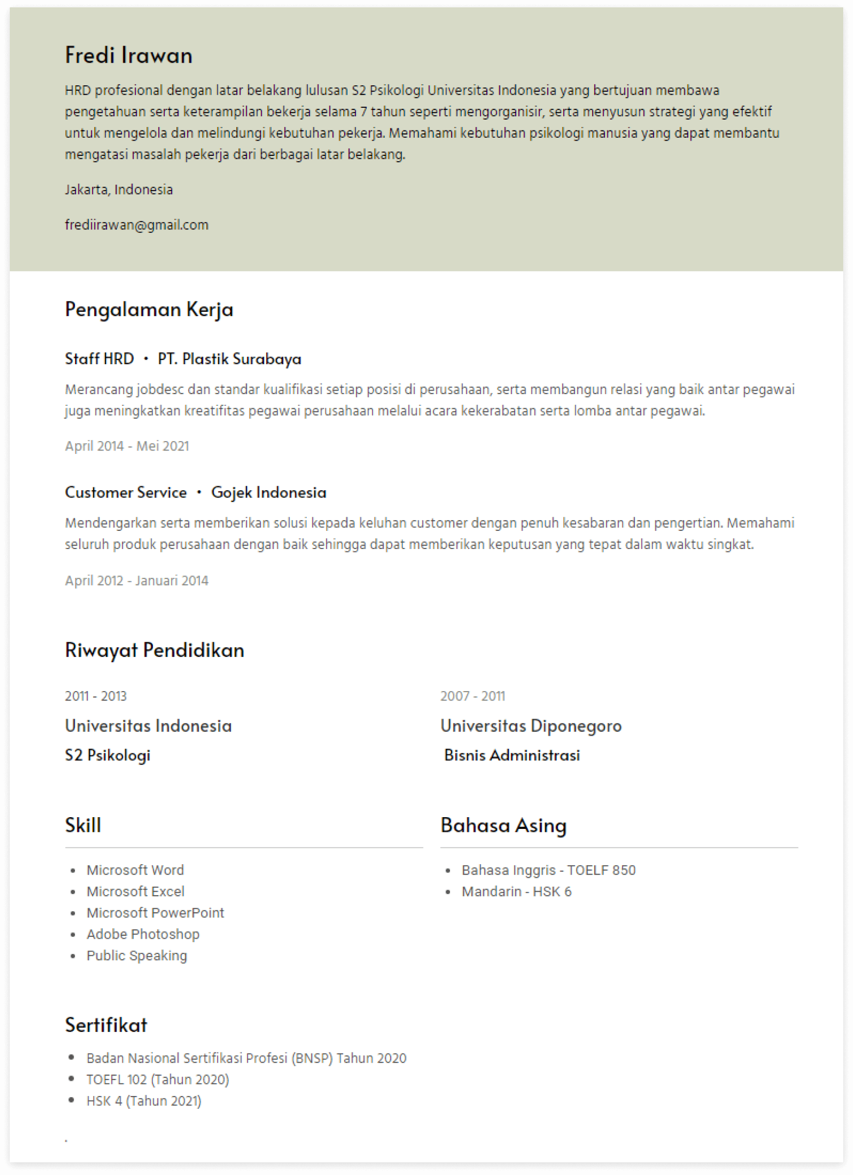 contoh cv fresh graduate