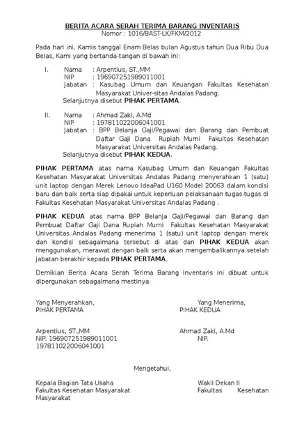 contoh surat serah terima pekerjaan